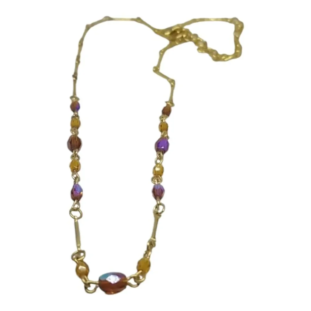 LCI Liz Claiborne Necklace Crystal Brown Beads Gold Tone Links Necklace